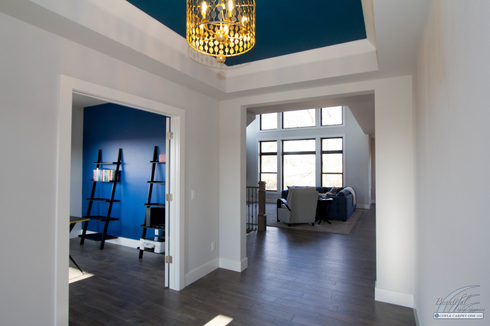 Front door - mid-sized transitional medium tone wood floor, brown floor and tray ceiling front door idea with white walls