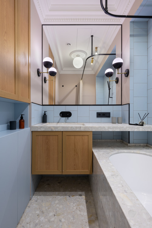 Tranquil Blue: Blue Square Tile Backsplash, Terrazzo Countertop, and Wood Bathroom Vanity Ideas