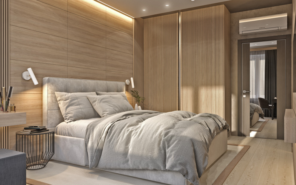 Идея дизайна: хозяйская спальня в современном стиле с паркетным полом среднего тона, бежевым полом, многоуровневым потолком, панелями на части стены и рабочим местом