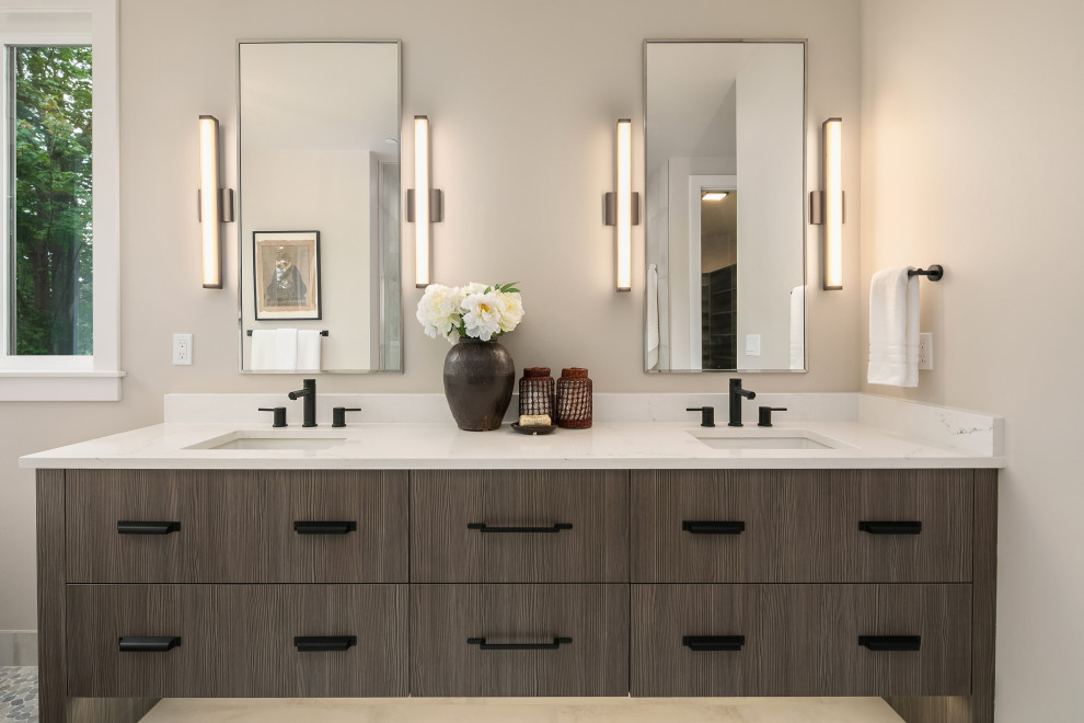 Large contemporary master wet room bathroom in Seattle with flat-panel cabinets, dark wood cabinets, a freestanding tub, an undermount sink, an open shower, white benchtops, a shower seat, a double vanity and a built-in vanity.