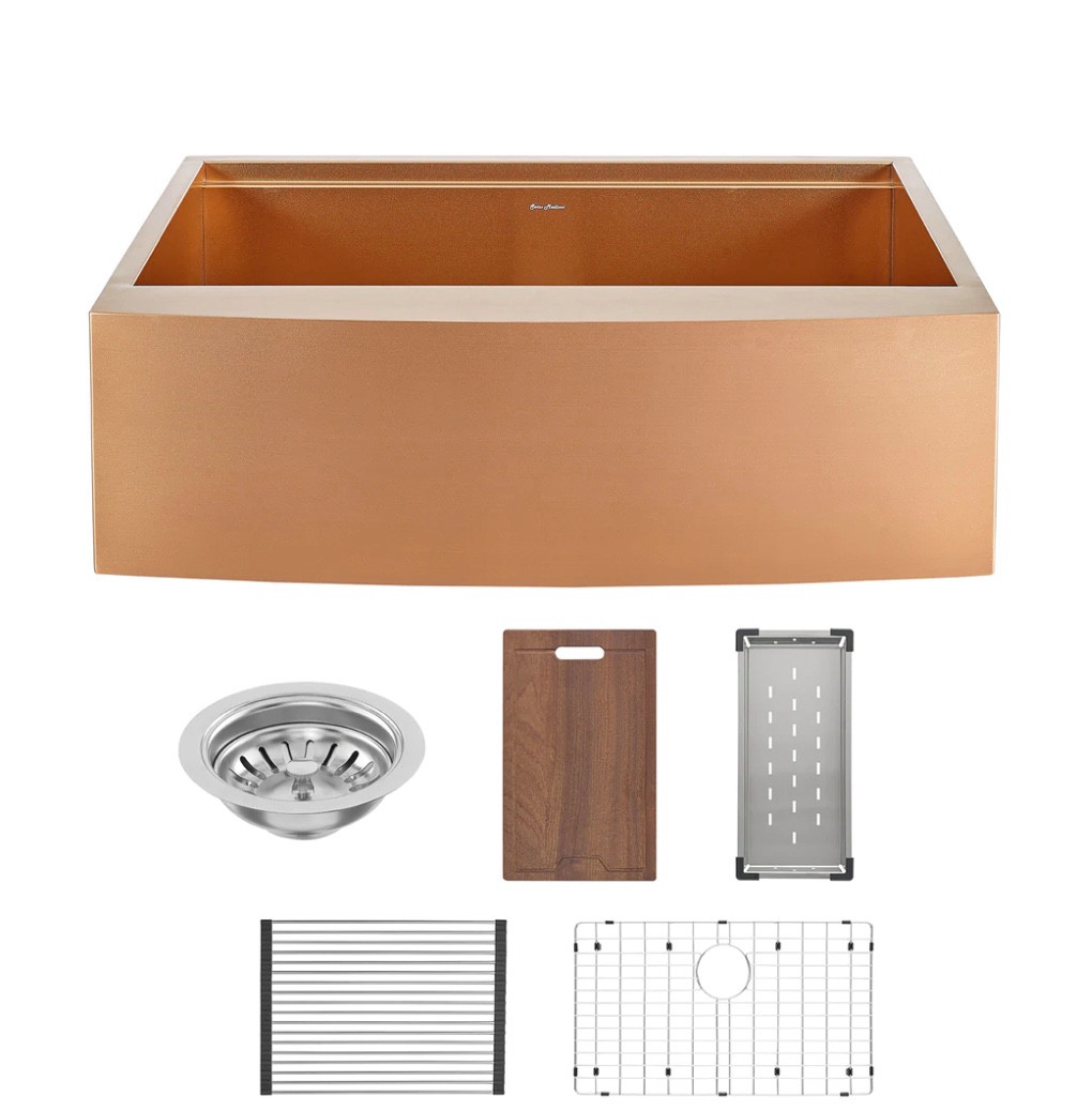Tourner 33" x 22" Stainless Steel, Single Basin, Farmhouse Kitchen Workstation Sink with Apron in Rose Gold. Finishes: Gold, & Stainless Steel (SM-KS28RG)