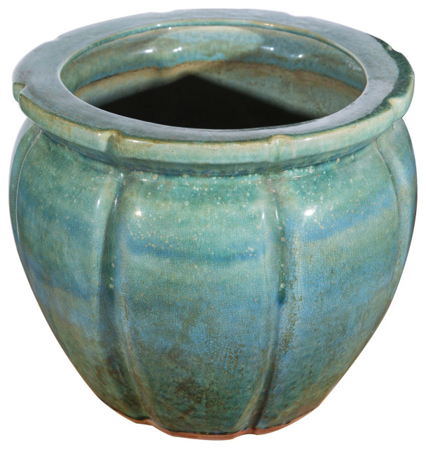 Speckled Green Ribbed Round Planter Farmhouse Indoor Pots And