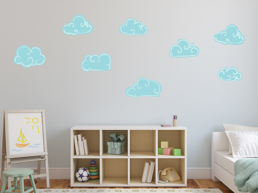 Clouds Fabric Wall Decals, Set of 8 Hand Drawn Clouds in Blue