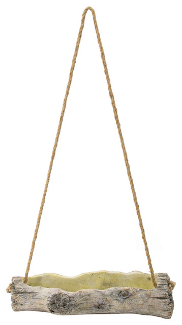 Cement Hanging Log Planter w/ Rope 15.5x5.5x3.5"