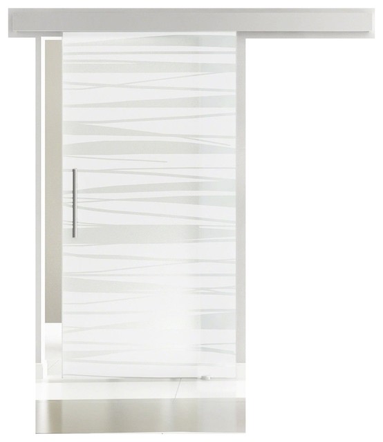 Barn Glass Sliding Door Privacy Opaque With Frosted Horizontal Stripes