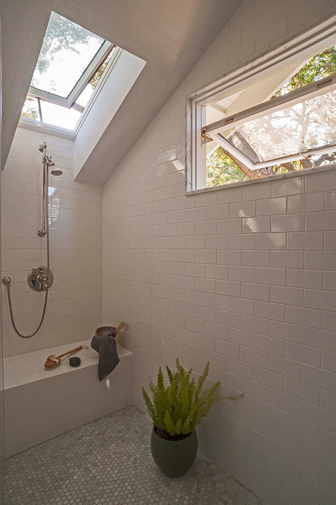 Design ideas for a mid-sized arts and crafts master bathroom in San Francisco with shaker cabinets, white cabinets, an alcove shower, mosaic tile floors, an undermount sink, marble benchtops, a two-piece toilet, gray tile, subway tile and white walls.