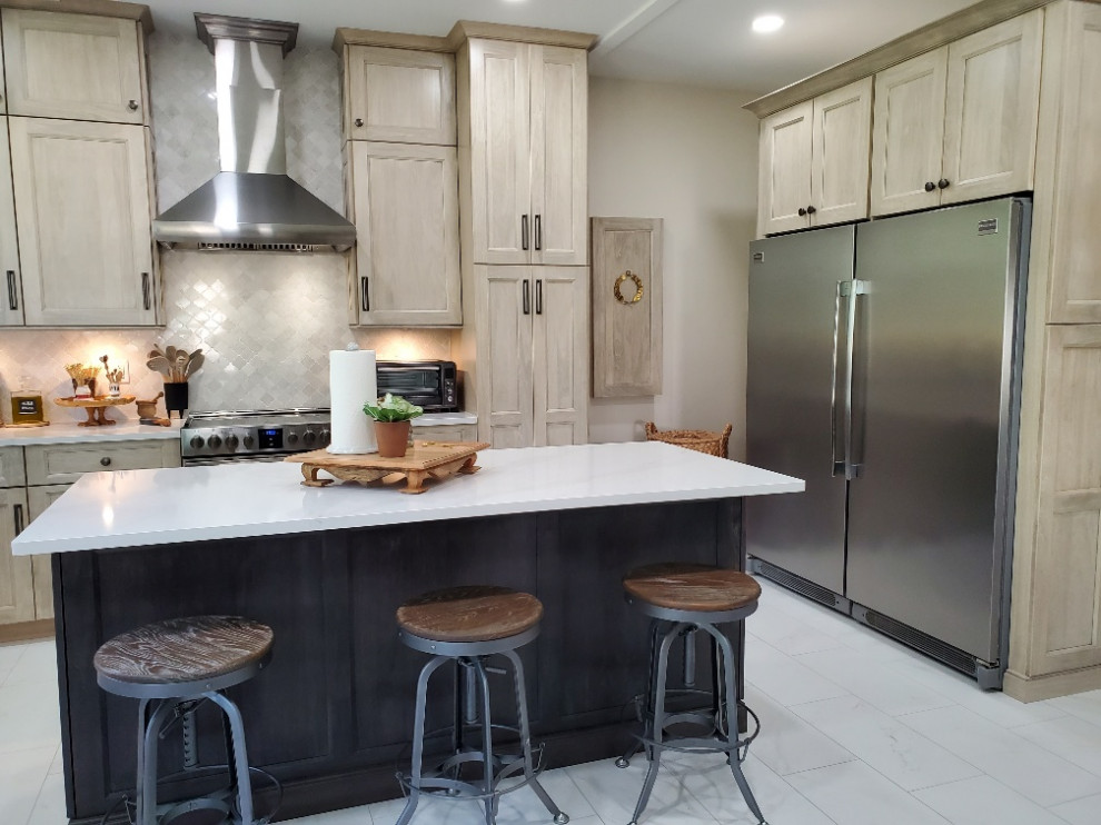 Medium sized traditional l-shaped enclosed kitchen in Tampa with a belfast sink, flat-panel cabinets, beige cabinets, quartz worktops, white splashback, mosaic tiled splashback, stainless steel appliances, porcelain flooring, an island, white floors, white worktops and a coffered ceiling.