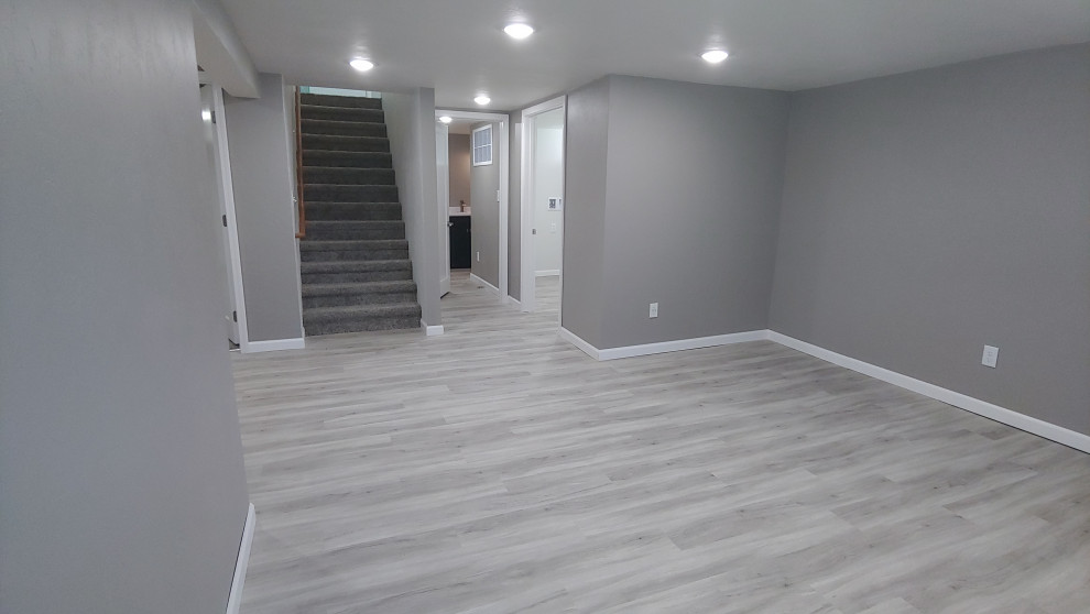 Photo of a small traditional fully buried basement in Other with grey walls, vinyl flooring and grey floors.