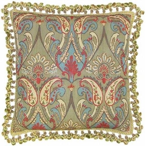 Aubusson Throw Pillow 22"x22" Red Blue Paisley Handwoven Silk