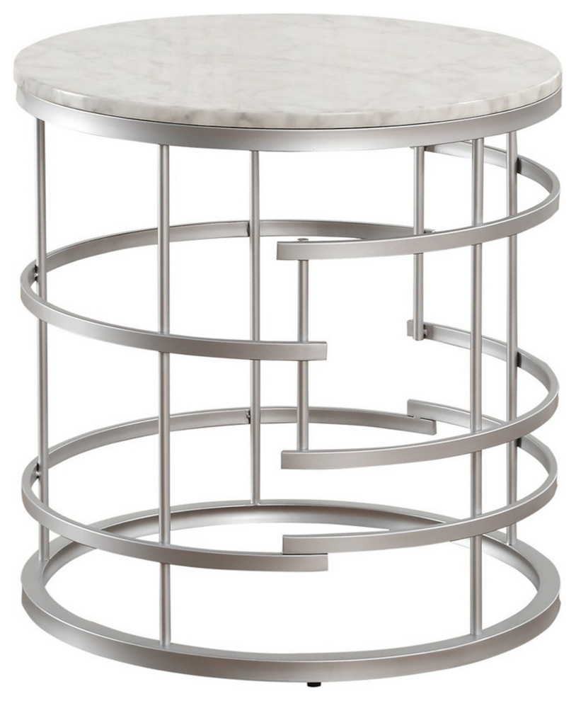 Faux Marble Top Round End Table with Metal Base, White and Silver