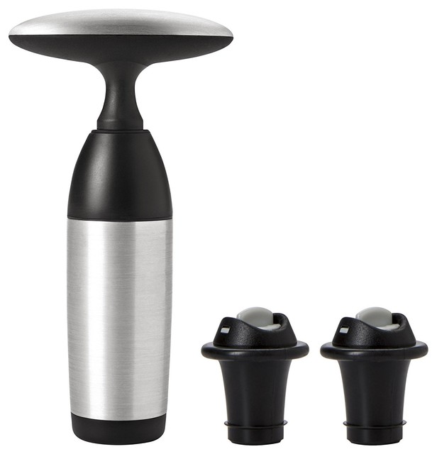 Oxo Steel Vacuum Wine Preserver With Two Stoppers Contemporary Wine Aerators And Stoppers