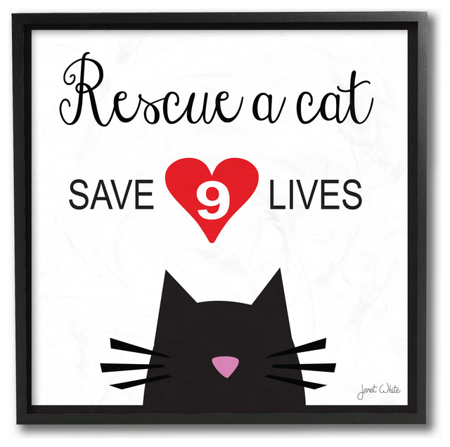 Rescue a Cat Save 9 Lives Black and White Typography Framed Giclee, 12