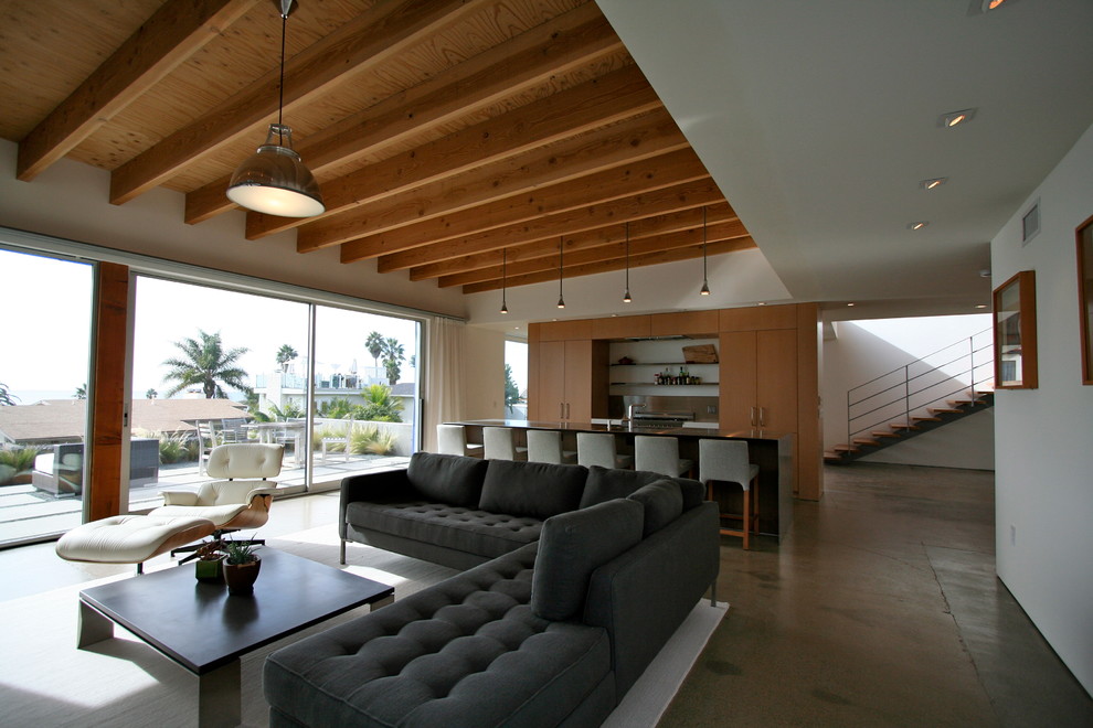 Modern open concept living room in San Diego with concrete floors.