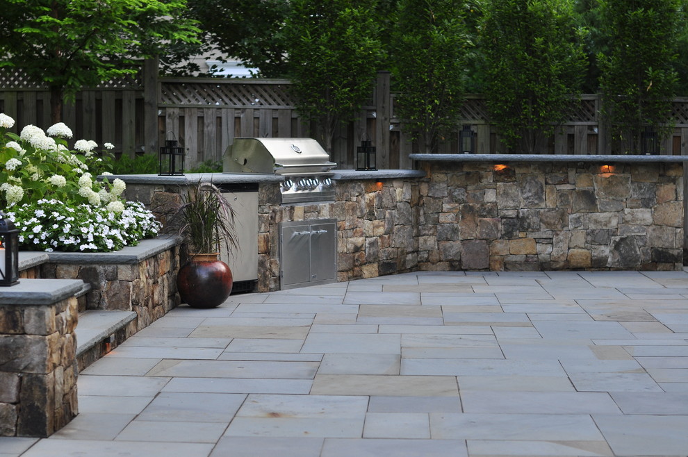 Design ideas for a large traditional backyard patio in DC Metro with a fire feature, natural stone pavers and no cover.