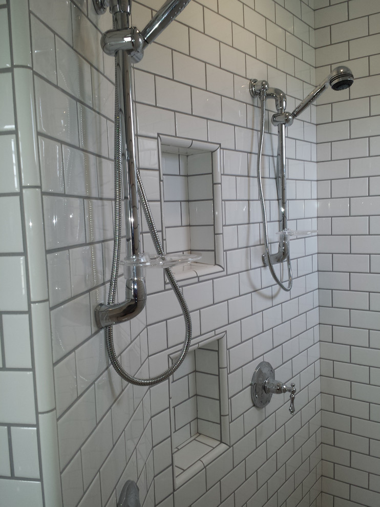 Home design - large transitional white tile and subway tile porcelain tile home design idea with an undermount sink, flat-panel cabinets, gray cabinets, quartz countertops and gray walls
