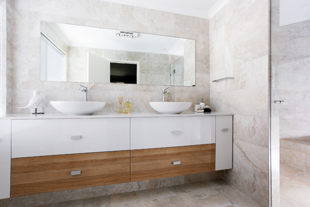 Design ideas for a small contemporary master bathroom in Perth with a vessel sink, flat-panel cabinets, medium wood cabinets, engineered quartz benchtops, an open shower, beige tile, porcelain tile and porcelain floors.