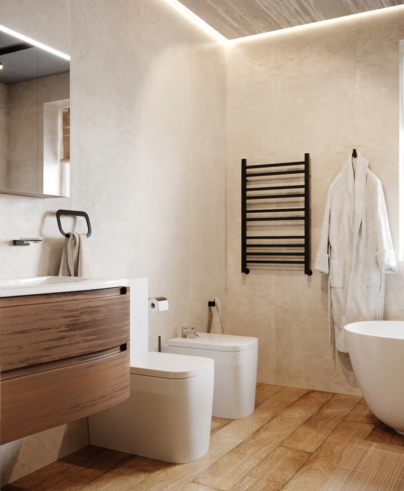 Foto di una stanza da bagno design con doccia ad angolo, piastrelle in gres porcellanato, pareti grigie, pavimento in gres porcellanato, top in legno, pavimento marrone, top marrone e un lavabo