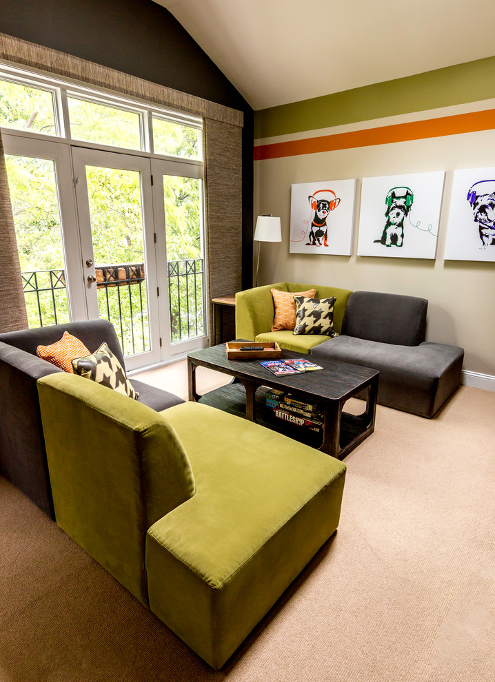 Inspiration for a study space and mid-sized contemporary gender-neutral carpeted and beige floor kids' study room remodel in Chicago with gray walls