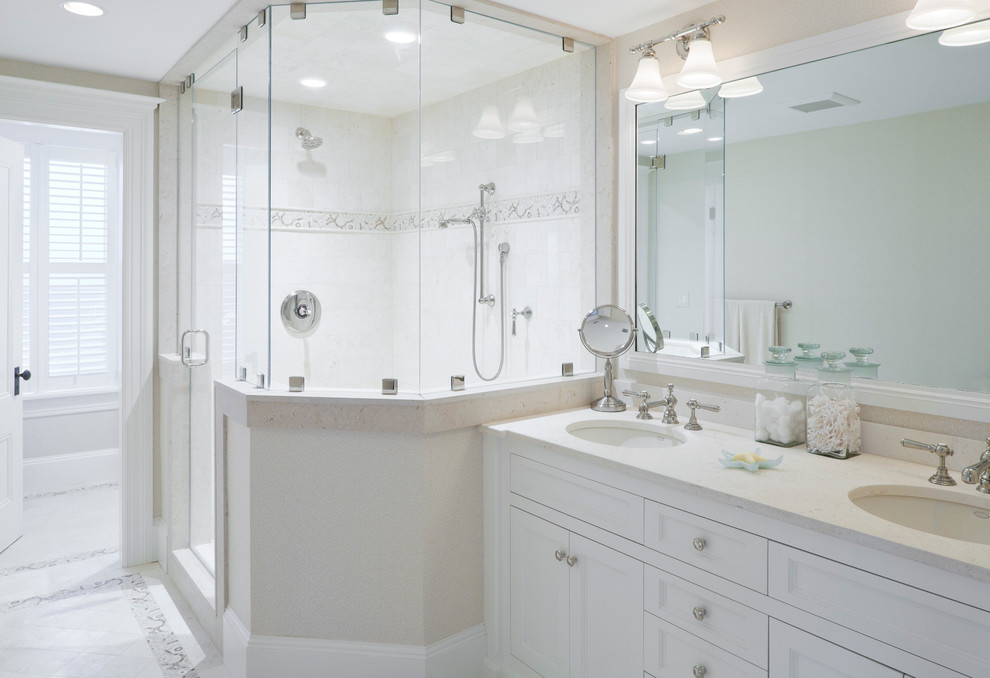 Bathroom - coastal porcelain tile bathroom idea in Boston with an undermount sink