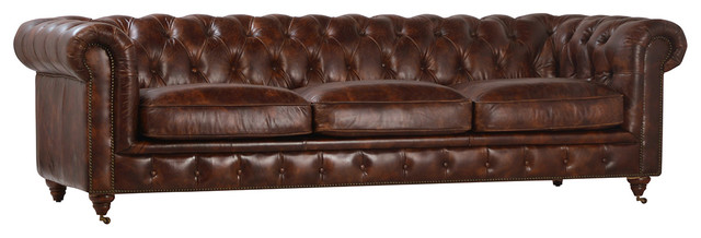 Chesterfield Brown Leather Sofa 97"