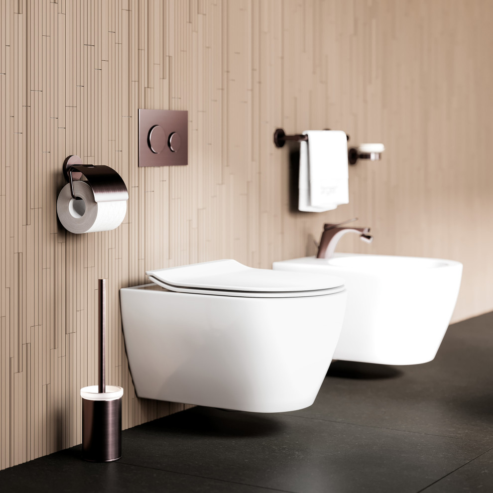 This is an example of a modern bathroom in Other with a bidet, brown tile, wood-look tile, brown walls, black floor and planked wall panelling.