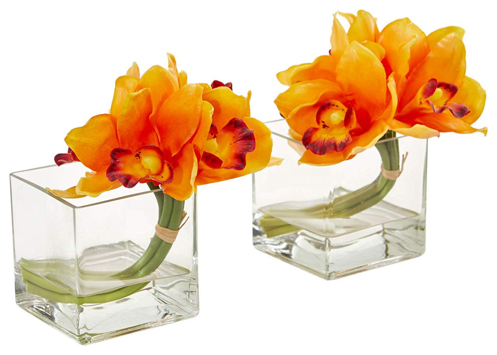 Cymbidium Orchid Artificial Arrangement In Glass Vase Set Of 2 Modern Artificial Flower