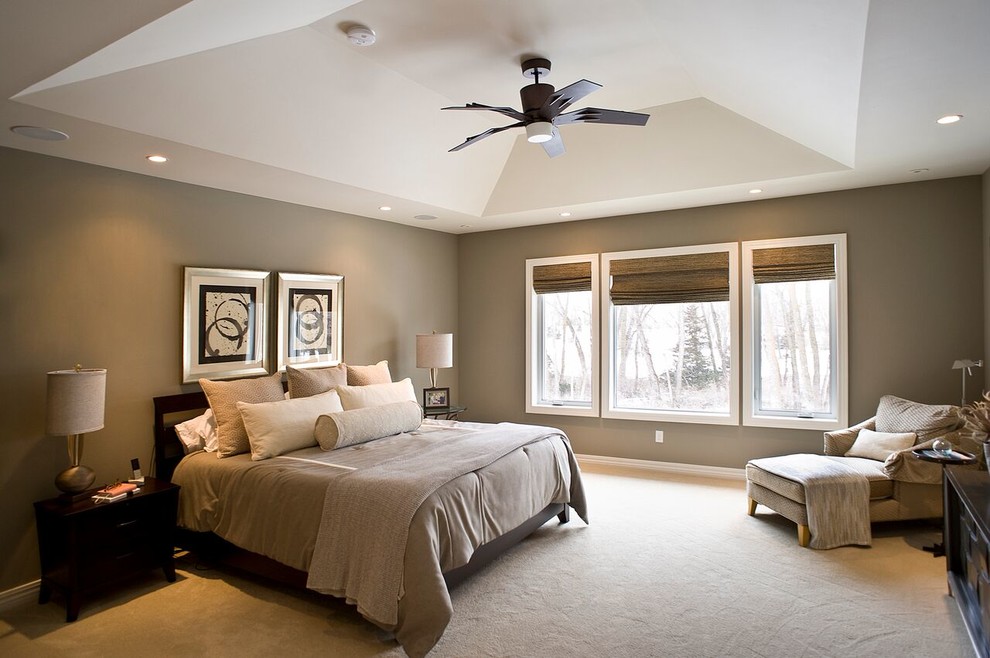 Large transitional master carpeted and beige floor bedroom photo with brown walls and no fireplace