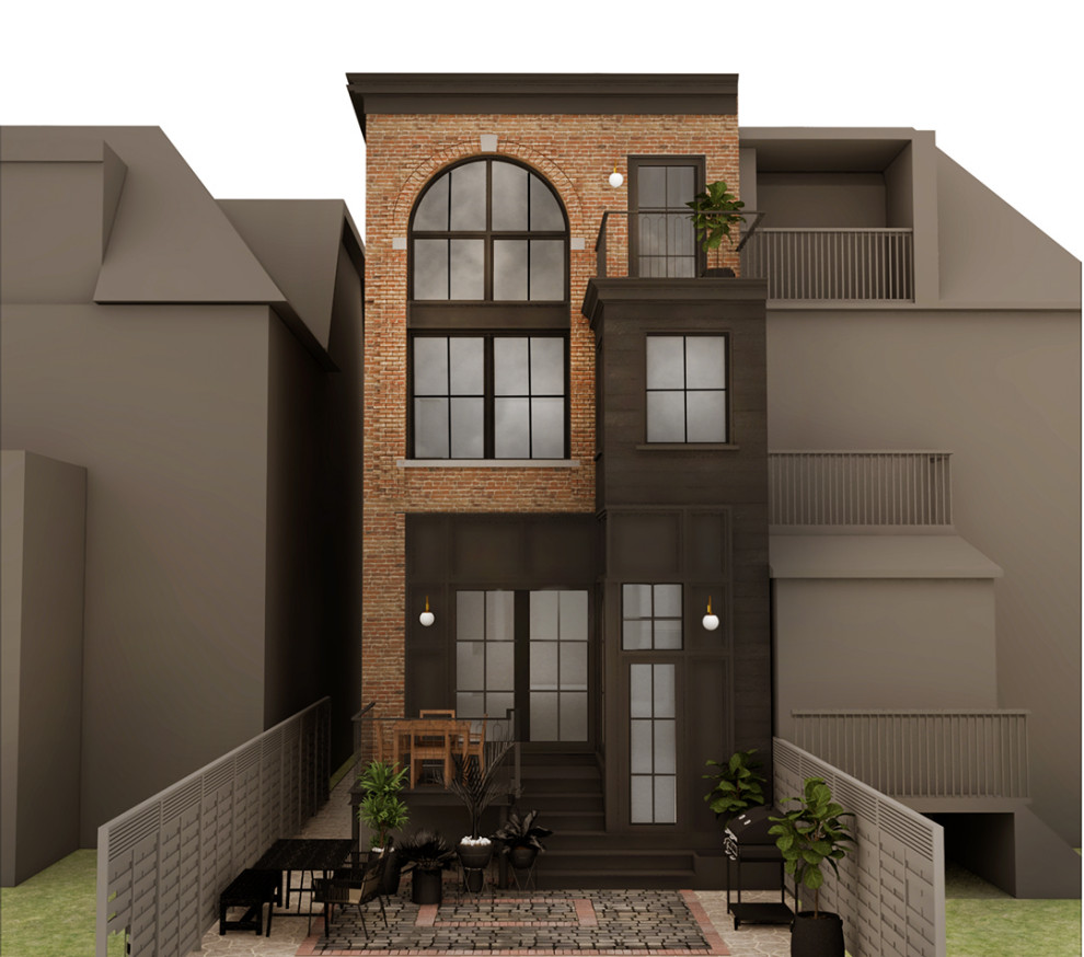 Design ideas for a modern three-storey brick black house exterior in Toronto with a flat roof and clapboard siding.