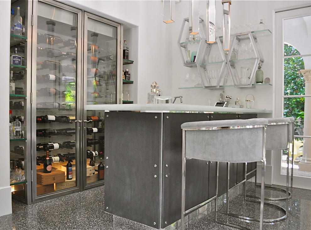 Inspiration for a large modern l-shaped seated home bar in Other with an undermount sink, flat-panel cabinets, grey cabinets, recycled glass benchtops and ceramic floors.