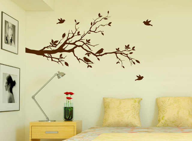 Tree Branches and Love Birds, Vinyl Sticker, 56"x28", Brown, Left to Right