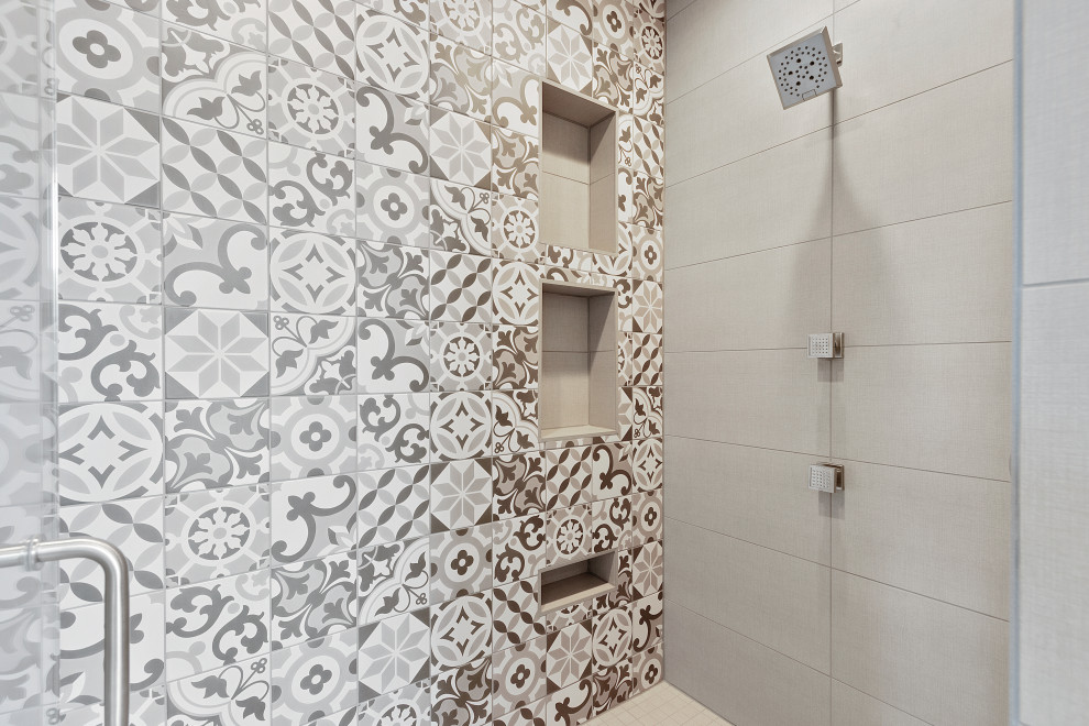 Inspiration for a large transitional master ceramic tile, gray floor and double-sink bathroom remodel with shaker cabinets, medium tone wood cabinets, a two-piece toilet, gray walls, an undermount sink, marble countertops, green countertops and a built-in vanity