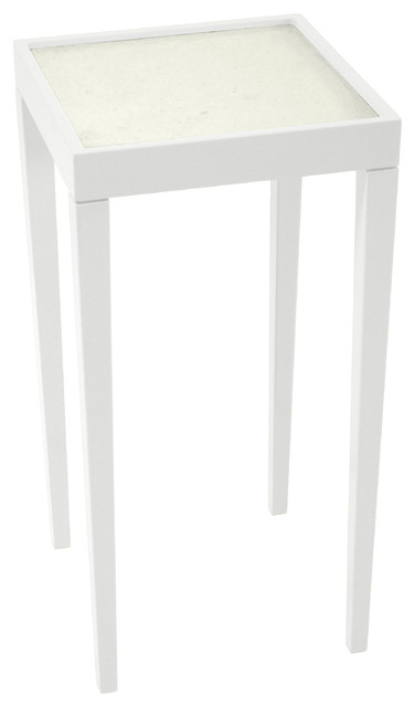 Tini I Small Designer Accent Table - White Dove with Natural Raffia