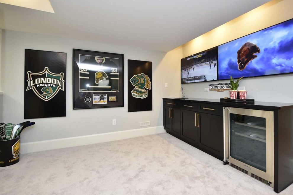 Large transitional underground carpeted and gray floor basement photo with gray walls and a ribbon fireplace