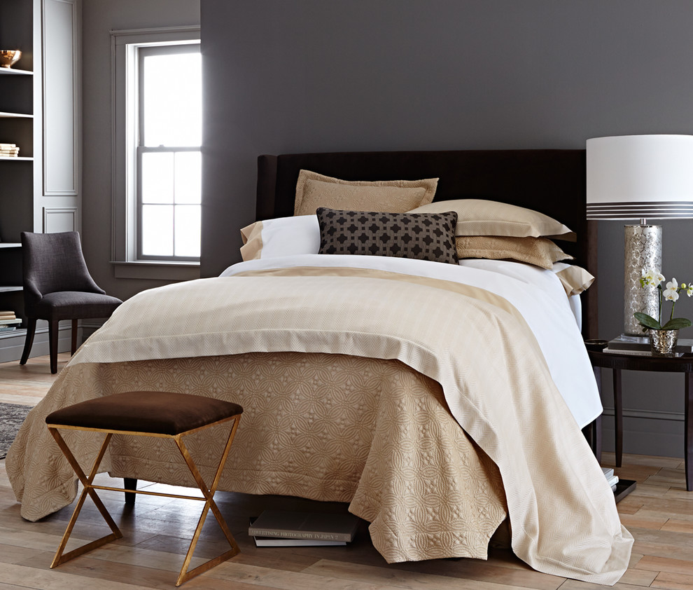 Bedroom - mid-sized transitional master light wood floor bedroom idea with gray walls