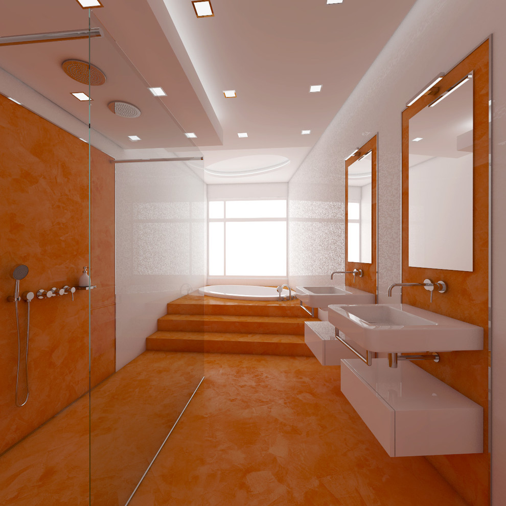 This is an example of an expansive modern kids bathroom in Other with white cabinets, a hot tub, an open shower, a wall-mount toilet, white tile, ceramic tile, orange walls, a wall-mount sink, orange floor and an open shower.