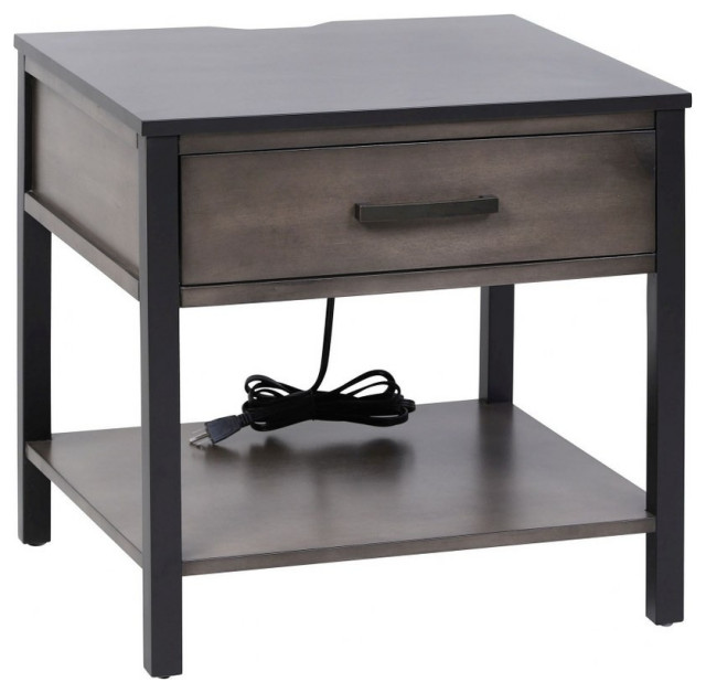 Modern Single Drawer Accent Table Power Socket and USB Charging Ports 4 Wood Transitional