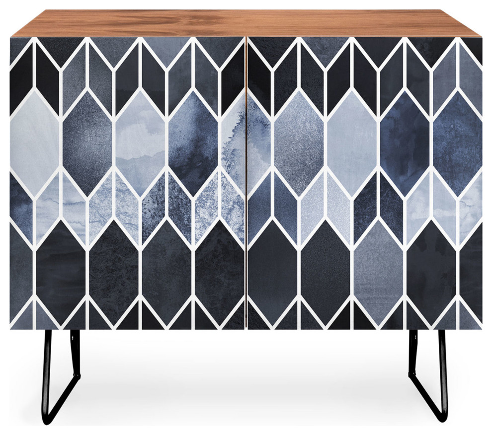 Deny Designs Blue Stained Glass Credenza, Walnut, Black Steel legs