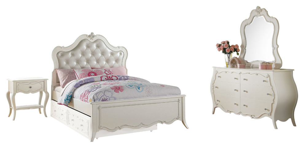 Edalene 4-Piece Tufted Bedroom Set, Pearl White, Full, Without Trundle