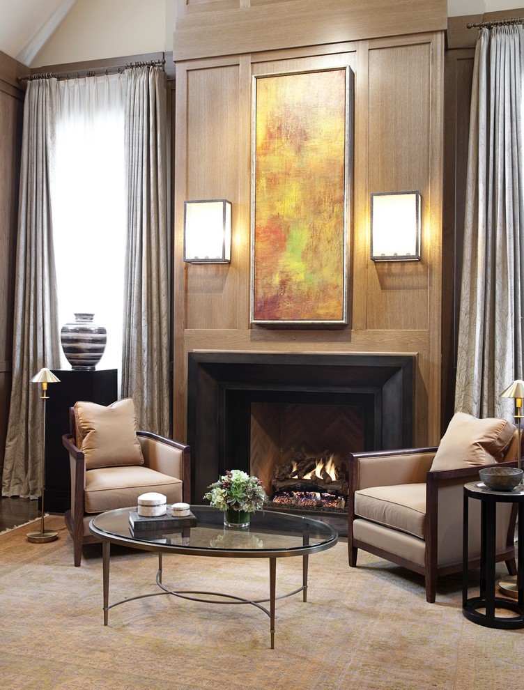 Inspiration for a contemporary living room in Chicago with a metal fireplace surround and a standard fireplace.