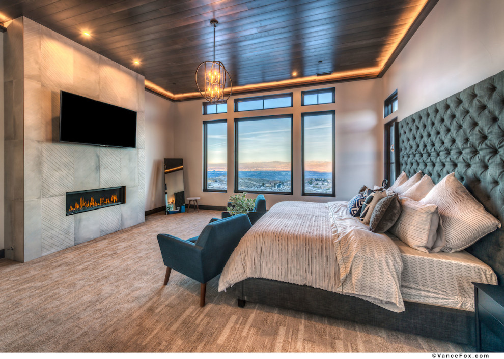 Design ideas for a large contemporary master bedroom in Other with a ribbon fireplace.