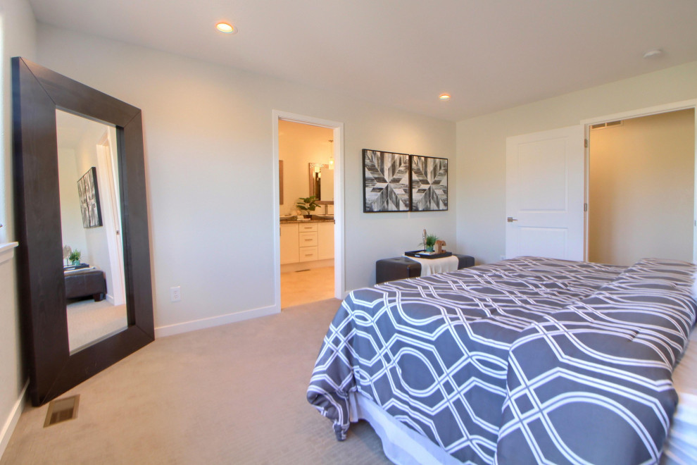 Design ideas for a mid-sized contemporary master bedroom in Santa Barbara with white walls, carpet and no fireplace.