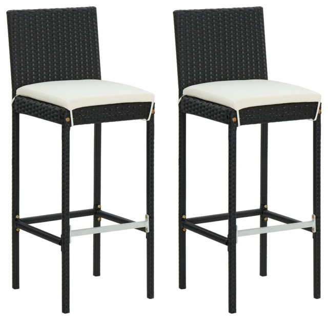 vidaXL Garden Bar Stools With Cushions 2Piece Black Poly Rattan