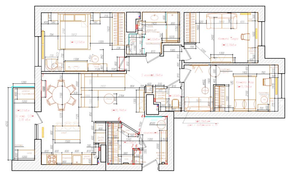4-к квартира 105 м² в бардовых цветах