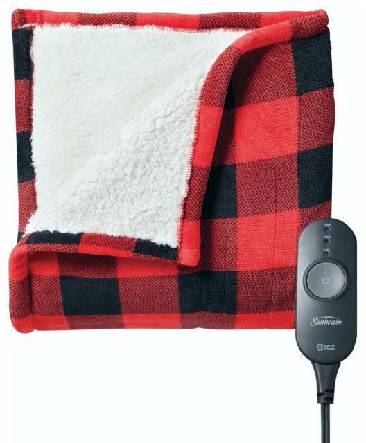 Sunbeam Electric Heated Sherpa Plush Warming Throw Blanket Red Black