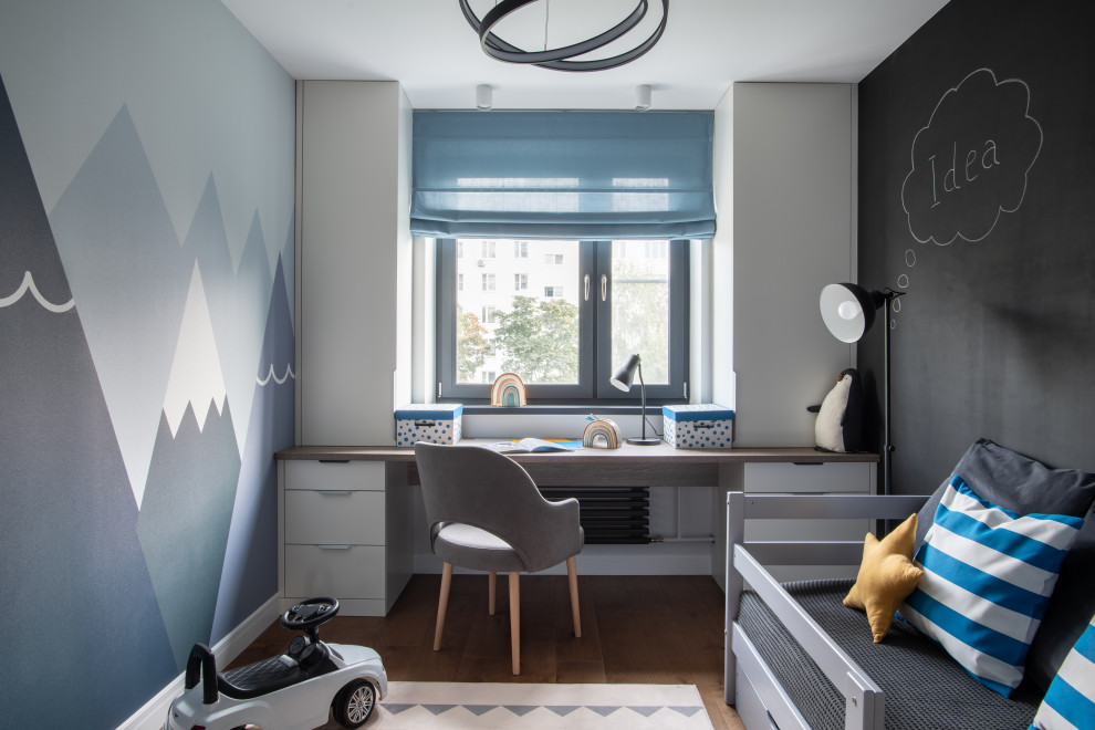This is an example of a mid-sized scandinavian gender-neutral kids' bedroom for kids 4-10 years old in Moscow with white walls, medium hardwood floors and brown floor.