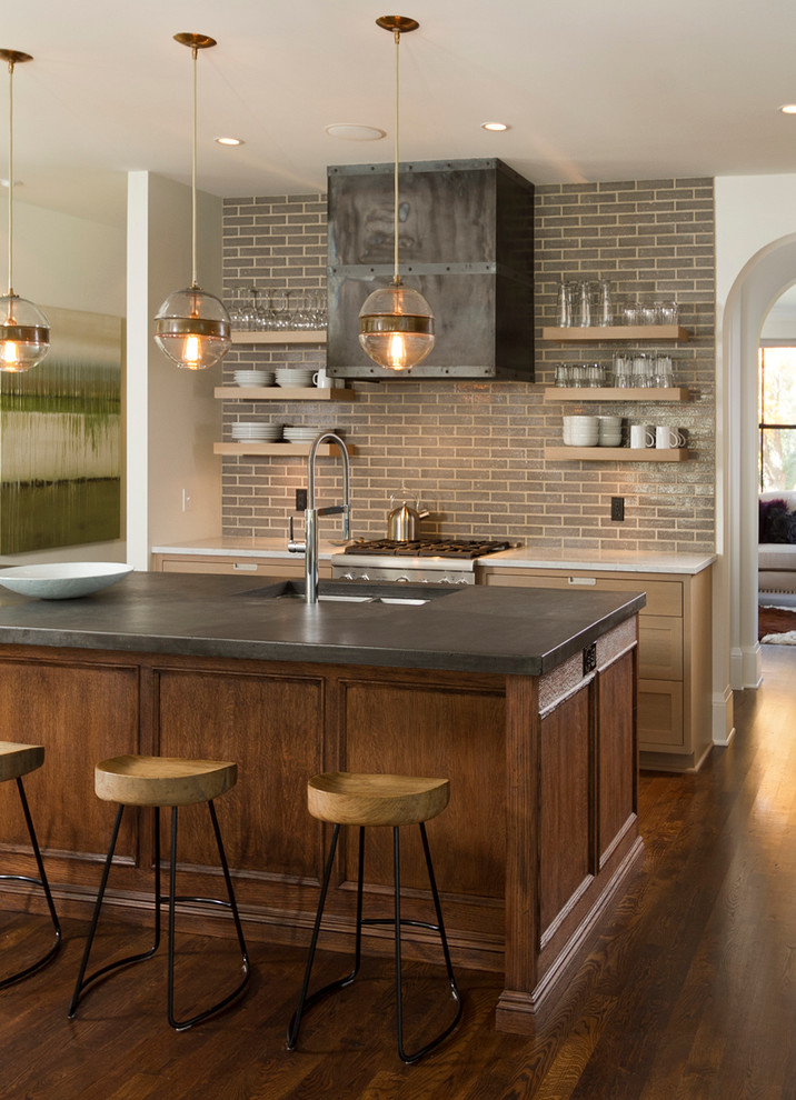 Inspiration for a transitional kitchen in Minneapolis with grey splashback, dark hardwood floors and with island.