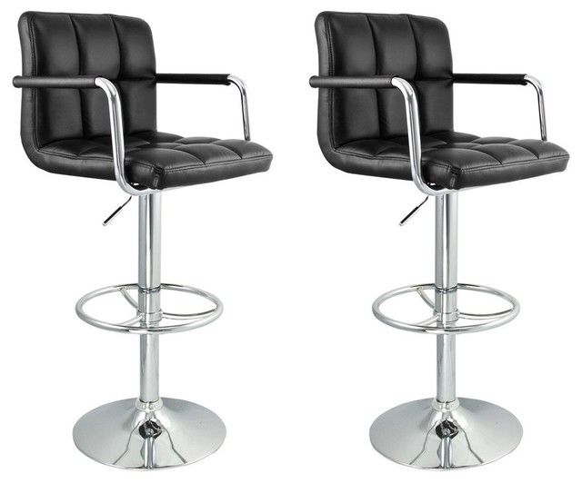 Hexagrid Pu Height Adjustable Bar Stool With Arms in Black, Set of 2