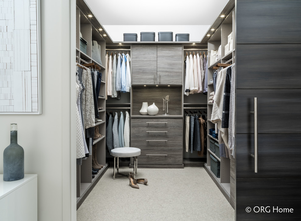 Example of a mid-sized transitional gender-neutral carpeted and beige floor walk-in closet design with flat-panel cabinets and gray cabinets