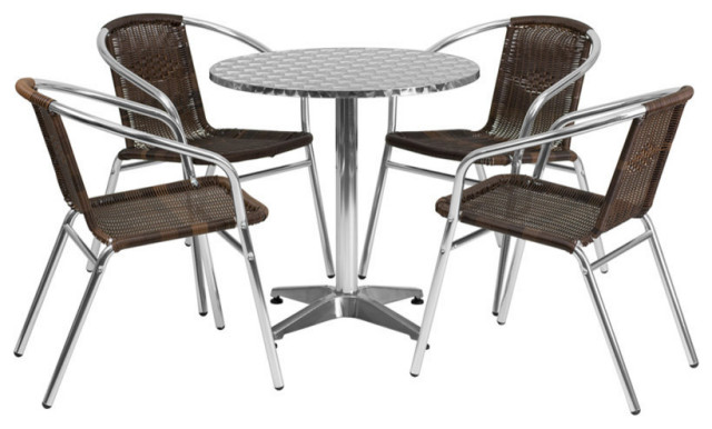 27.5" Round Aluminum Indoor Outdoor Table With 4 Dark Brown Rattan Chairs