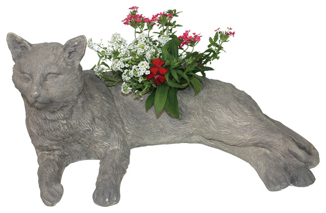 Cat 3D Animal Grey 12 x 16.5 Inch Fiber Clay standing-planter 